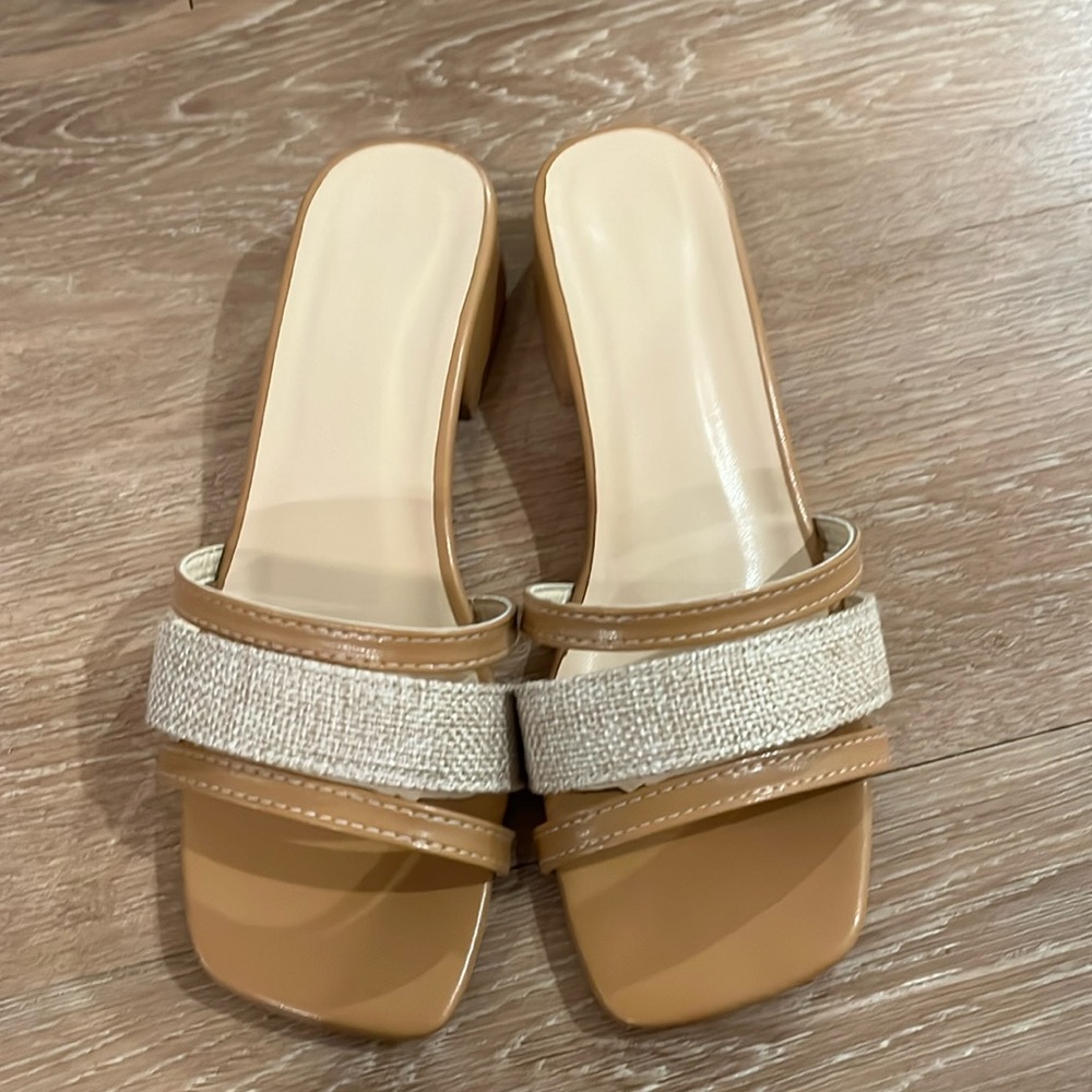 Tan short heels.